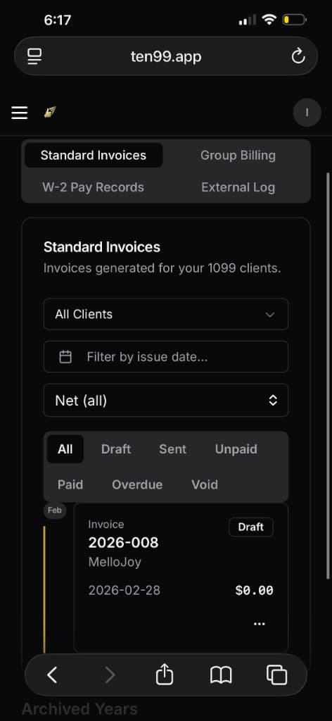 Standard Invoices dashboard